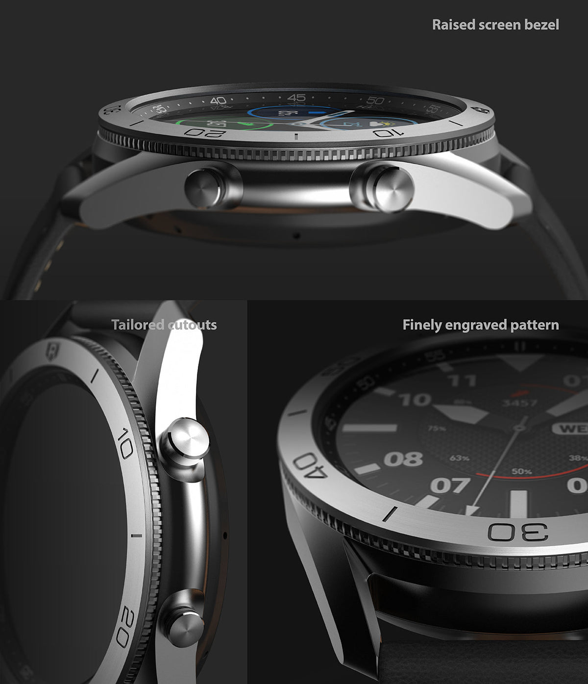 Galaxy Watch 3 (45mm) | Bezel Styling - Close-up views of a silver watch bezel featuring engraved numbers and a raised edge.