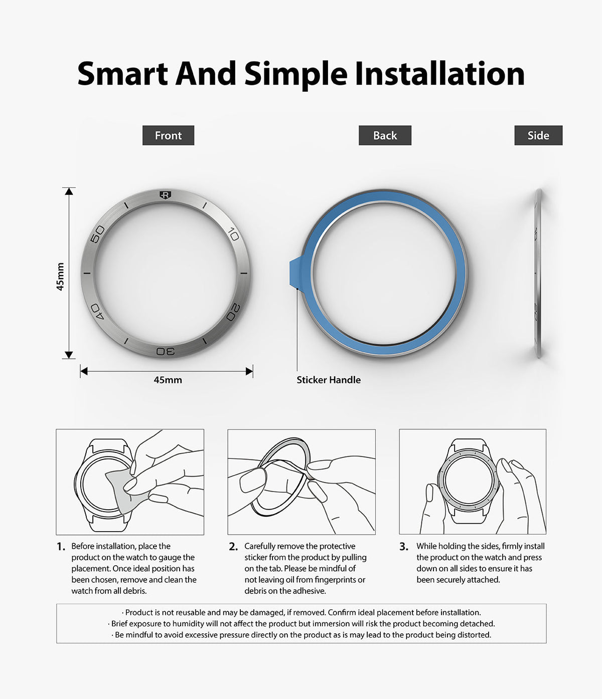 Galaxy Watch 3 (45mm) | Bezel Styling - Three-step installation guide for a watch bezel cover with front, back, and side views.