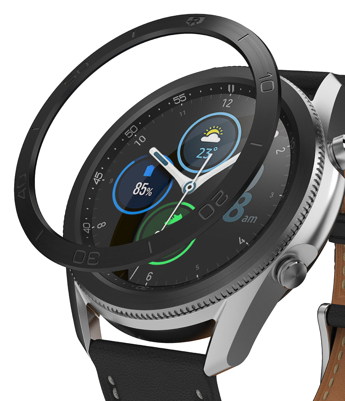Galaxy Watch 3 (45mm) | Bezel Styling - A black metal bezel ring hovering above a silver Galaxy Watch 3 with a leather strap.