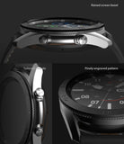 Galaxy Watch 3 (45mm) | Bezel Styling - Close-up views of the watch's raised bezel, tailored side cutouts, and engraved pattern.