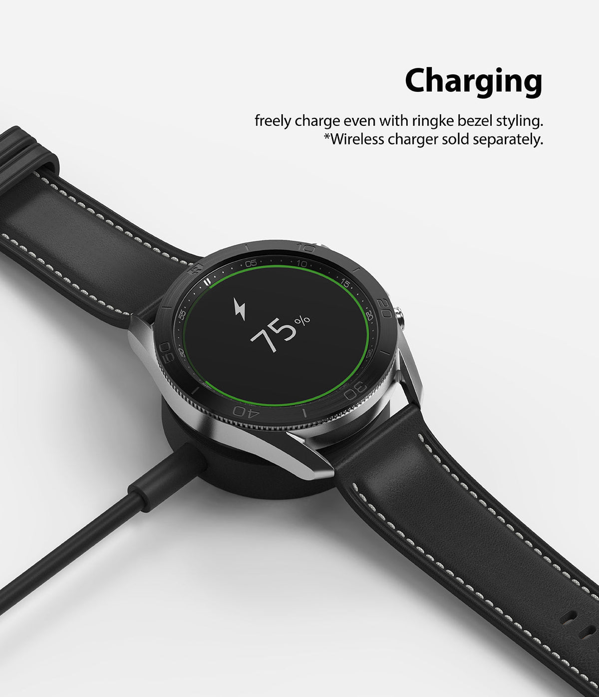 Galaxy Watch 3 (45mm) | Bezel Styling - Galaxy Watch 3 with Ringke bezel styling charging on a wireless dock at 75% battery.