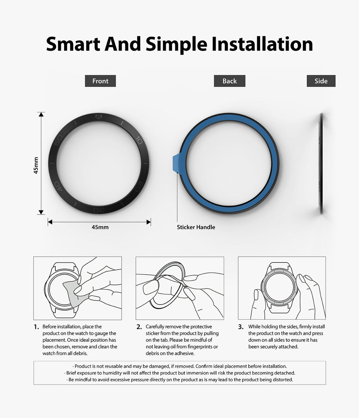 Galaxy Watch 3 (45mm) | Bezel Styling - Three-step installation guide for a watch bezel cover with front, back, and side views.