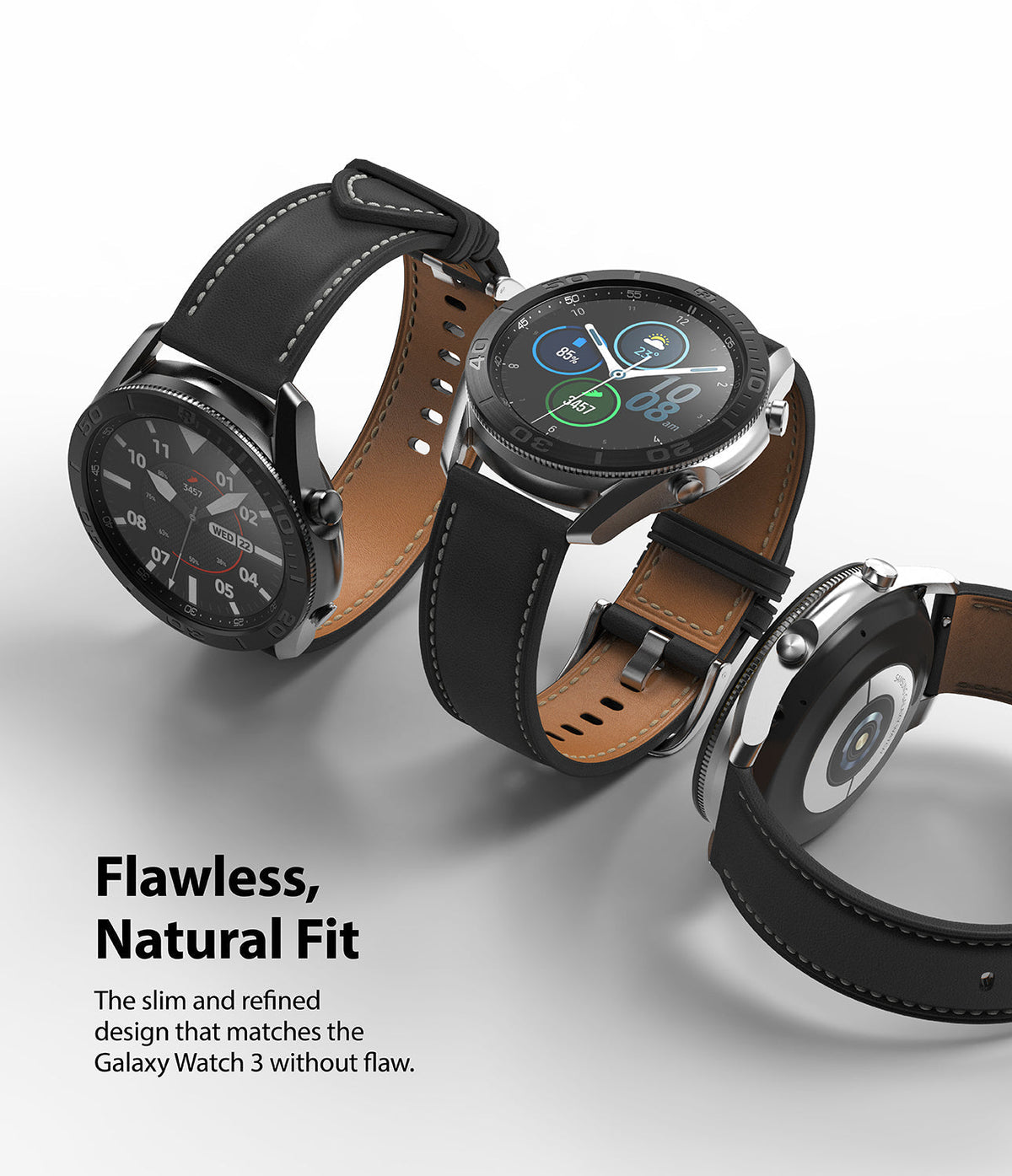 Galaxy Watch 3 (45mm) | Bezel Styling - Three views of a black Galaxy Watch 3 with leather straps and a metallic bezel.