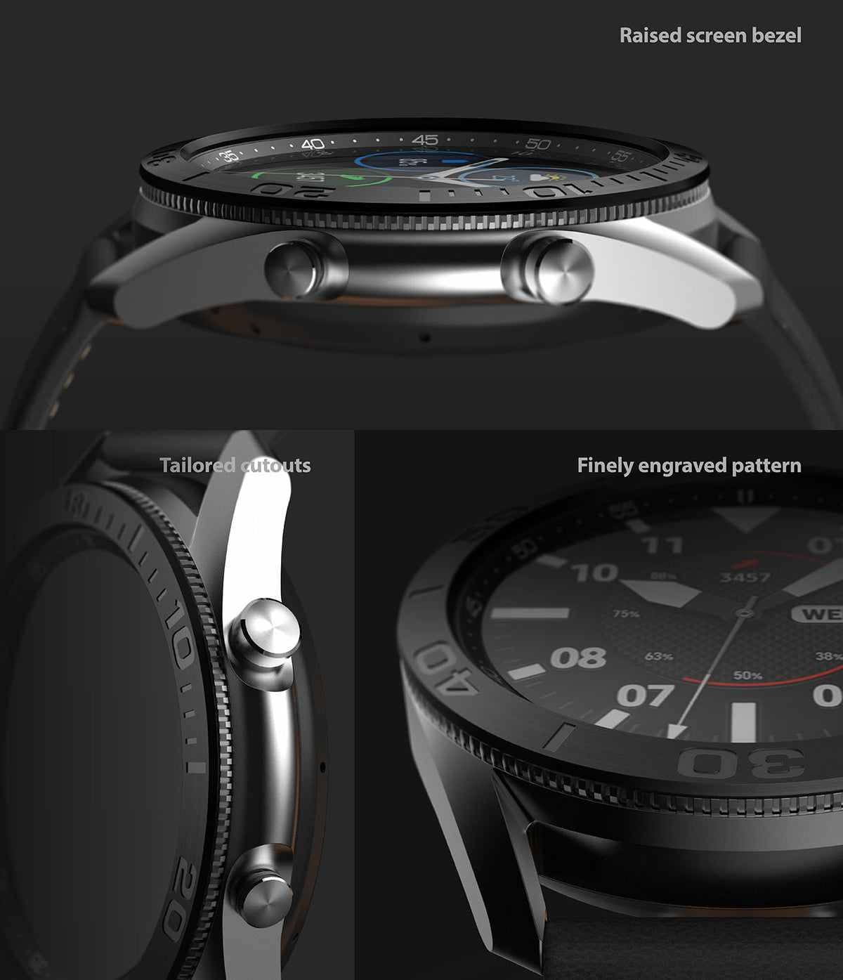 Galaxy Watch 3 (45mm) | Bezel Styling - Close-up of watch showing raised bezel, tailored cutouts, and engraved pattern.