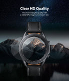 Galaxy Watch 3 45mm Screen Protector | Glass - Clear glass protector hovering over a black smartwatch displaying a mountain.