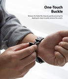 Watch Lug 22mm | Metal One Band [Black] - Hands releasing a black metal watch band using a butterfly deployant clasp.