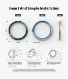 Galaxy Watch 4 Classic 42mm | Bezel Styling - Three views of a watch bezel and a three-step illustrated installation guide.