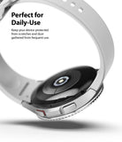 Galaxy Watch 4 Classic 42mm | Bezel Styling - Silver smartwatch with white band shown from the back, highlighting the casing.