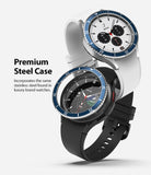 Galaxy Watch 4 Classic 42mm | Bezel Styling - Two smartwatches with blue stainless steel bezel rings on white and black bands.