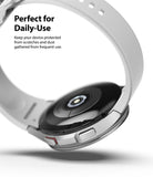 Galaxy Watch 4 Classic 42mm | Bezel Styling - Galaxy Watch 4 Classic 42mm - Silver smartwatch with white band shown from the back, highlighting the casing and buttons.