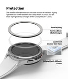 Galaxy Watch 4 Classic 42mm | Bezel Styling - Exploded view of a silver watch bezel, adhesive ring, and smartwatch.