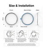 Galaxy Watch 4 Classic 42mm | Inner Bezel Styling - Galaxy Watch 4 Classic 42mm | Installation guide showing bezel dimensions, adhesive backing, and three-step application.