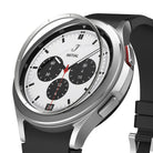Galaxy Watch 4 Classic 42mm | Inner Bezel Styling - Silver metal bezel ring hovering above a smartwatch face.
