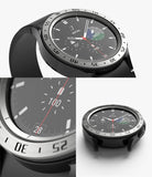 Galaxy Watch 4 Classic 42mm | Inner Bezel Styling - Galaxy Watch 4 Classic 42mm - Close-up views of a silver metal inner bezel styling ring attached to a black smartwatch.