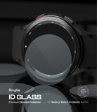 Galaxy Watch 4 Classic 42mm Screen Protector | Glass - R1 - Transparent glass screen protector hovering over a black smartwatch.