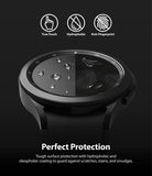 Galaxy Watch 4 Classic 42mm Screen Protector | Glass - R1 - Galaxy Watch 4 Classic 42mm Screen Protector - Split screen showing water beading and fingerprint resistance on watch.