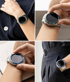 Galaxy Watch 4 Classic 46mm | Bezel Styling - Four views of a smartwatch with green and blue rotating bezel covers.