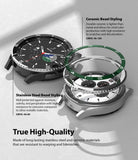 Galaxy Watch 4 Classic 46mm | Bezel Styling - Exploded view of black and silver smartwatches with ceramic and steel bezels.