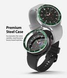 Galaxy Watch 4 Classic 46mm | Bezel Styling - Two Galaxy Watch 4 smartwatches with green stainless steel bezel rings.