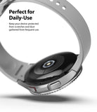 Galaxy Watch 4 Classic 46mm | Bezel Styling - Close-up of the silver smartwatch case and strap with text about daily protection.