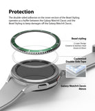 Galaxy Watch 4 Classic 46mm | Bezel Styling - Galaxy Watch 4 Classic 46mm | Exploded view of a green and silver bezel styling ring, adhesive tape, and a smartwatch.