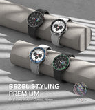 Galaxy Watch 4 Classic 46mm | Bezel Styling - Four Galaxy Watch 4 Classic smartwatches with various colored bezel rings.