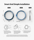 Galaxy Watch 4 Classic 46mm | Bezel Styling - Three views of a blue watch bezel with installation steps and instructions.