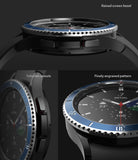 Galaxy Watch 4 Classic 46mm | Bezel Styling - Galaxy Watch 4 Classic 46mm - Close-up views of a blue watch bezel featuring a raised edge, tailored cutouts, and engraving.
