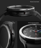 Galaxy Watch 4 Classic 46mm | Bezel Styling - Close-up views of a metallic watch bezel showing raised edges and engravings.