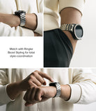 Galaxy Watch 4 Classic 42mm | Metal One Band - Three views of a black smartwatch with a silver metal link band on a wrist.