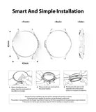 Galaxy Watch 4 Classic 42mm Case | Slim - Technical diagrams showing dimensions and three-step installation instructions.