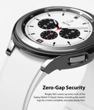 Galaxy Watch 4 Classic 42mm Case | Slim - Close-up of a sleek black protective case on a Galaxy Watch 4 with a white strap.