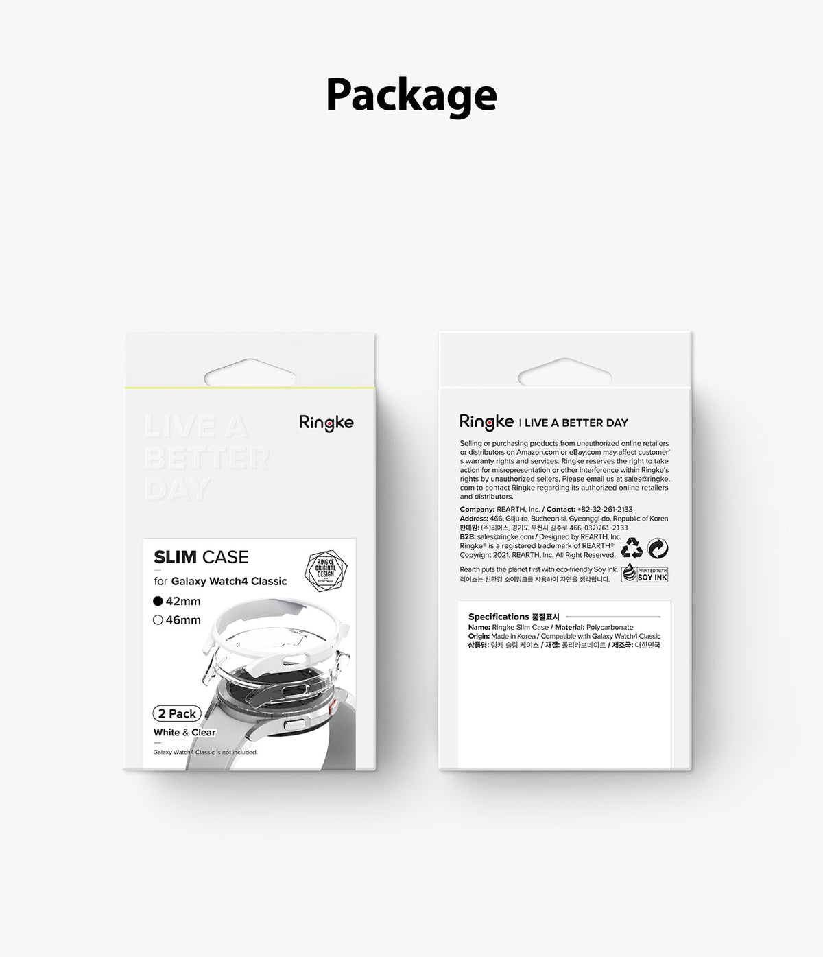 Galaxy Watch 4 Classic 42mm Case | Slim - Front and back view of Ringke slim watch case retail packaging.