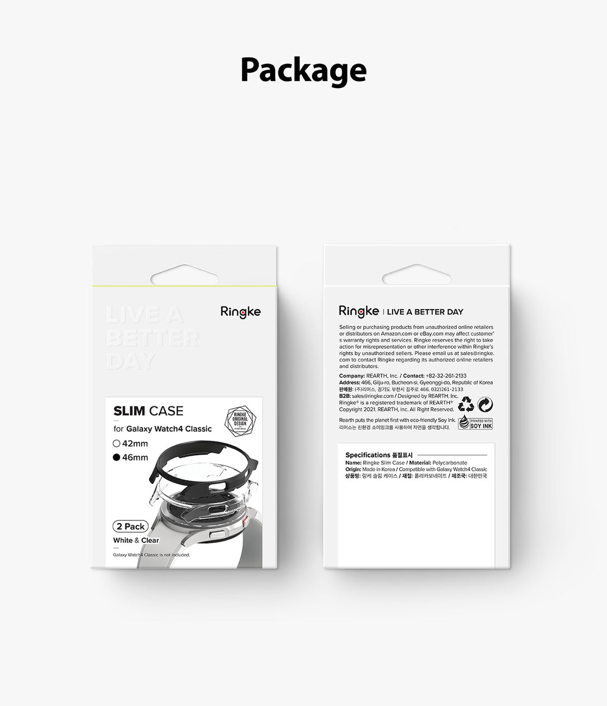 Galaxy Watch 4 Classic 46mm Case | Slim - Front and back view of Ringke Slim Case retail packaging for Galaxy Watch 4.