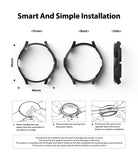 Galaxy Watch 4 Classic 46mm Case | Slim - Three views of a black watch case with installation steps and safety warnings.