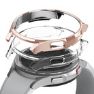 Galaxy Watch 4 Classic 46mm Case | Slim - Rose gold and clear protective watch cases hovering above a silver smartwatch.