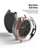 Galaxy Watch 4 Classic 46mm Case | Slim - Two watch cases, one clear and one rose gold, floating around a smartwatch.