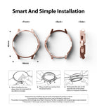 Galaxy Watch 4 Classic 46mm Case | Slim - Rose gold watch case shown from front, back, and side with installation steps.