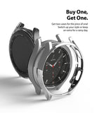 Galaxy Watch 4 Classic 46mm Case | Slim - Two silver protective watch cases floating around a Galaxy Watch 4.
