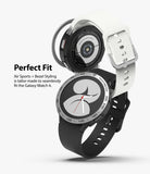 Galaxy Watch 4 40mm | Air Sports Black + Bezel Styling - Galaxy Watch 4 40mm - Black smartwatch with white strap and silver tachymeter bezel styling accessory.