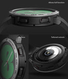 Galaxy Watch 4 40mm | Air Sports Black + Bezel Styling - Close-up of watch bezel, side buttons, and back sensor cutouts.