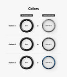 Galaxy Watch 4 40mm | Air Sports Black + Bezel Styling - Three options showing black watch covers paired with silver, black, or blue numbered bezels.