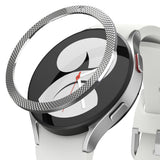 Galaxy Watch 5 / 4 (40mm) | Bezel Premium Styling - A silver textured bezel ring hovering above a white smartwatch.
