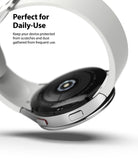 Galaxy Watch 5 / 4 (40mm) | Bezel Premium Styling - White smartwatch with silver bezel protector and black sensor back.