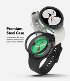Galaxy Watch 5 / 4 (40mm) | Bezel Premium Styling - Two smartwatches with textured black metal bezel rings attached.