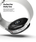Galaxy Watch 5 / 4 (40mm) | Bezel Premium Styling - Close-up of a silver smartwatch with a white band and protective bezel.