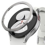 Galaxy Watch 5 / 4 (40mm) | Bezel Premium Styling - Silver metal bezel ring hovering above a white smartwatch face.