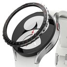 Galaxy Watch 5 / 4 (40mm) | Bezel Premium Styling - Black tachymeter bezel ring hovering over a silver smartwatch.