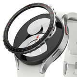 Galaxy Watch 5 / 4 (40mm) | Bezel Premium Styling - Black tachymeter bezel ring hovering over a silver smartwatch.