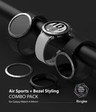Galaxy Watch 4 44mm | Air Sports Black + Bezel Styling - Three Galaxy Watches with black and silver bezel styling accessories.